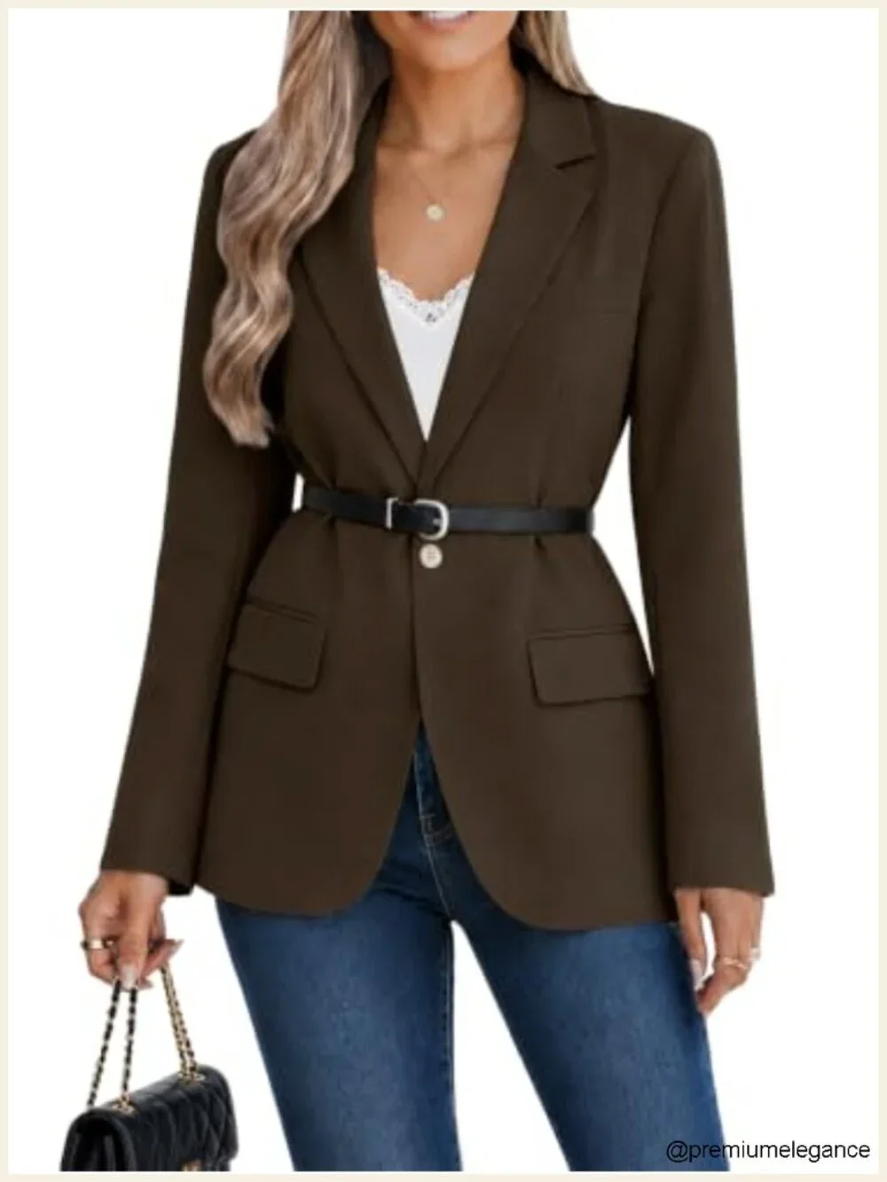 Oversized Blazer with Belt Lightweight Polyester Business Casual Notch Lapel